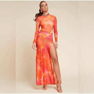 Yllw The Label XS Pink & Orange Floral L/S Ruched High Slit Olivia Maxi Dress